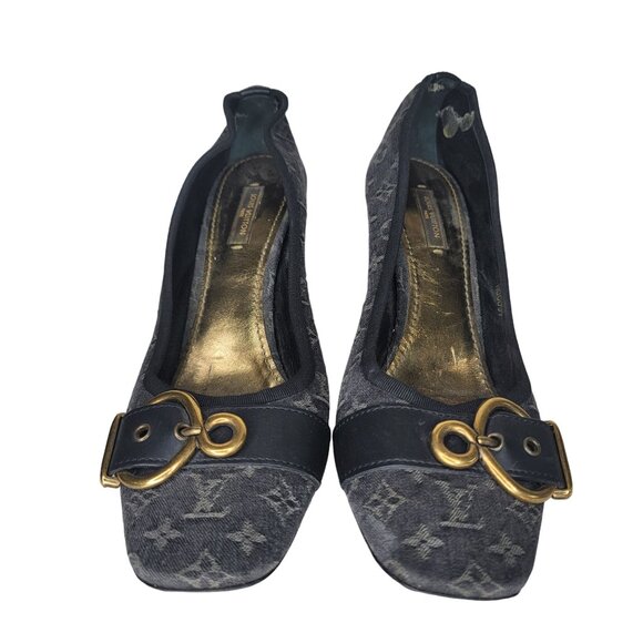 Louis Vuitton Monogram Buckle Heels Black & Gold Size 39.5 EU Leather & Canvas - Picture 4 of 11
